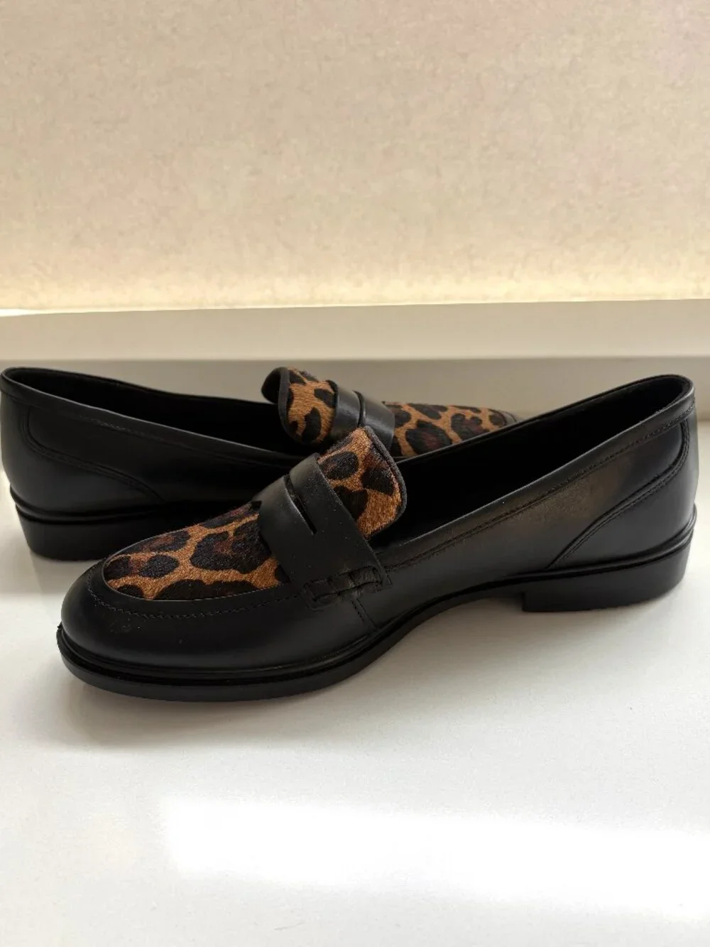Ecco Dress Classic 15 Penny Loafers Slip On Black Leopard Size 37 US 6 - 6.5 NEW